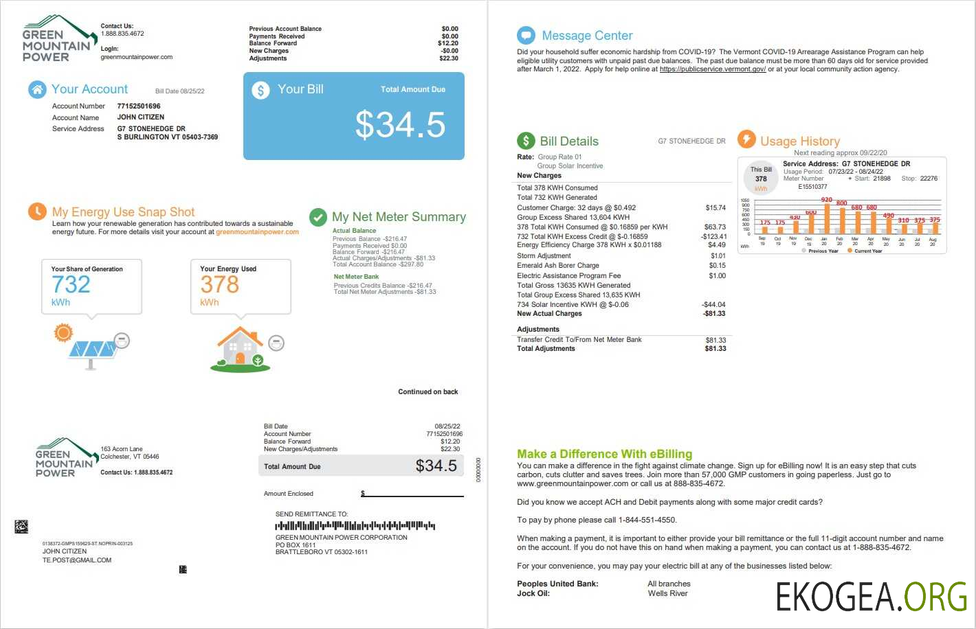 USA Vermont Green Mountain Power utility bill, Word and PDF template, 2 pages